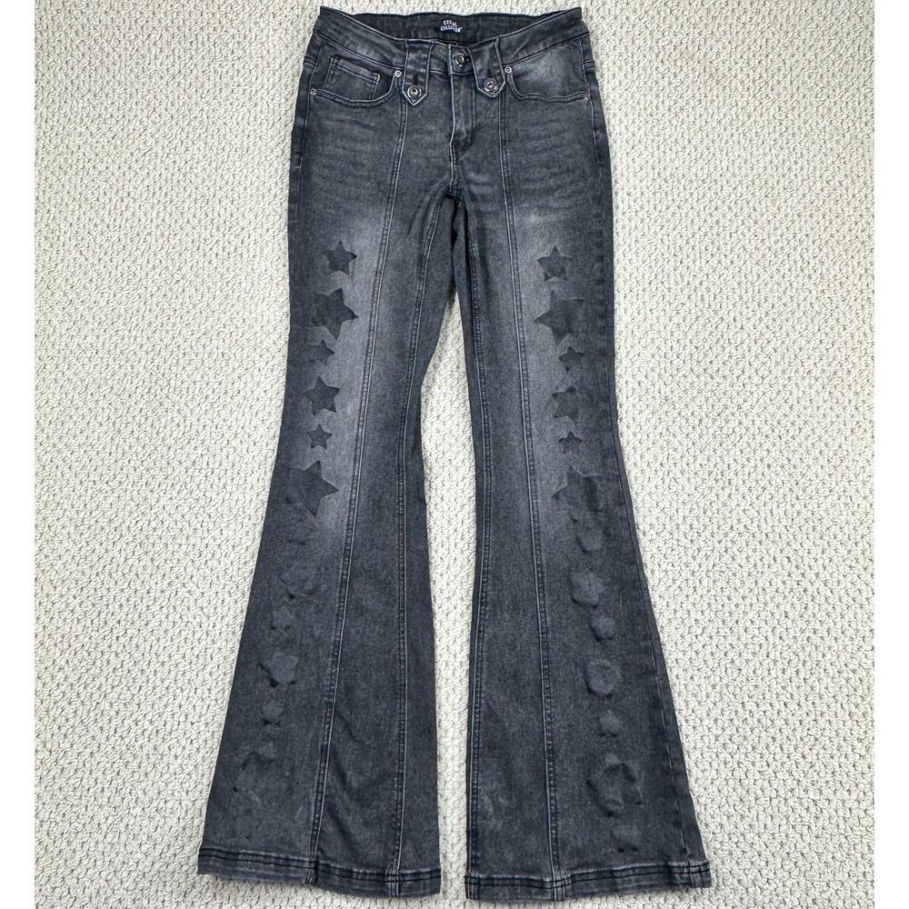 Social Collision Jeans Womens 7 Black Grey Star Low-Rise Flare Denim Whiskered